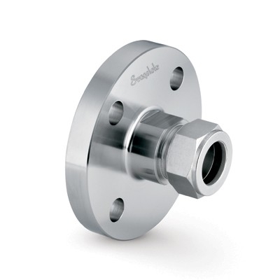 Flange Adaptador Usinado a Partir de Corpo Monobloco Forjado em Aço Inoxidável 316 Conforme Norma ASTM A182, Extremidades: Conexão Swagelok (Dupla Anilha) para Tubos de 38 mm OD (DE) x Flange DIN de Tamanho Nominal DN 50, Classe de Pressão PN 40, Fac