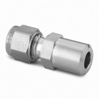 Conector Macho com Furo Passante em Aço Inoxidável 316 Conforme ASTM A276, Extremidades: Conexão Swagelok (Dupla Anilha) para Tubos de 3 mm OD (DE) x Conexão Macho para Solda de Topo em Tubos Rígidos (MPW) 1/8" DN, Limpeza e Embalagem SC-10 da Swagel