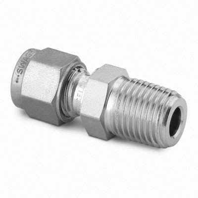 Conector Macho com Furo Passante em Aço Inoxidável 316 Conforme ASTM A276, Extremidades: Conexão Swagelok (Dupla Anilha) para Tubos de 3 mm OD (DE) x Rosca BSP Macho Cônica (RT) de 1/4", Limpeza e Embalagem SC-10 da Swagelok.