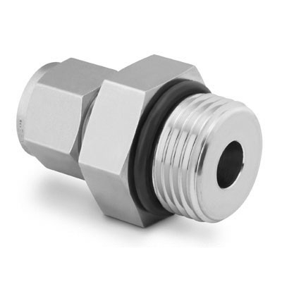 Conector Macho em Aço Inoxidável 316 Conforme ASTM A276, Extremidades: Conexão Swagelok (Dupla Anilha) para Tubos de 1/4" OD (DE) x Rosca SAE/MS Macho Reta de 9/16-18, Limpeza e Embalagem Especial para Serviço em Oxigenio SC-11 da Swagelok.