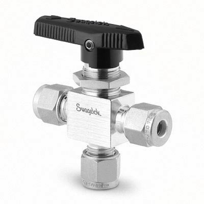 Válvula de Esfera em Aço Inoxidável Série 40G, Monobloco, 3-vias, Cv = 0,35, Extremidades: Conexão Swagelok (Dupla Anilha) para Tubo de 6 mm OD (DE) (vide MS-02-331)