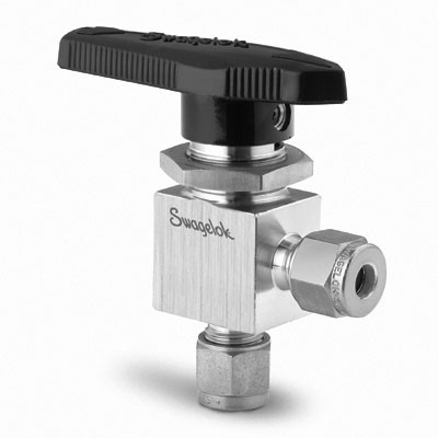 Válvula de Esfera em Aço Inoxidável Série 40G, em Ângulo, Monobloco, Cv = 0,90, Extremidades: Conexão Swagelok (Dupla Anilha) para Tubo de 6 mm OD (DE) (vide MS-02-331)