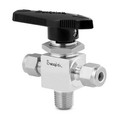 Válvula de Esfera em Aço Inoxidável Série 40G, Monobloco, 3-vias, Cv = 0,80, Extremidades: Rosca NPT Macho de 1/4? X Conexão Swagelok (Dupla Anilha) para Tubo de 1/4? OD (DE) (vide MS-02-331)
