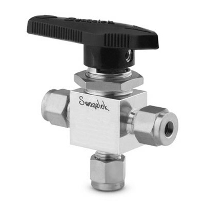 Válvula de Esfera em Aço Inoxidável Série 40G, Monobloco, 3-vias, Cv = 0,90, Extremidades: Conexão Swagelok (Dupla Anilha) para Tubo de 6 mm OD (DE) (vide MS-02-331)
