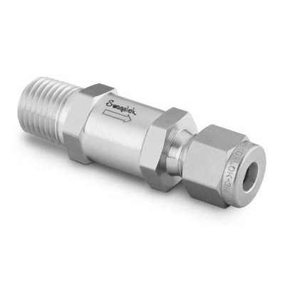 Válvula de Retenção Tipo Poppet em Aço Inoxidável Série C, Pressão de Abertura Fixa em 1 psig (0,07 bar), Extremidades: Conexão Swagelok (Dupla Anilha) para Tubo de 1/4" OD (DE) X Rosca NPT Macho de 1/4" (vide MS-01-176)