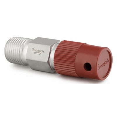 SS 1-Piece Poppet Check Valve, Adjustable Pressure, 1/4 in. MNPT, 50 to 150 psig (3.5 to 10.4 bar), Red Deflector Cap