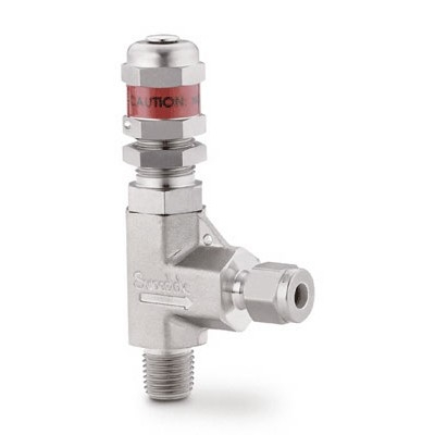 Válvula de Alívio Proporcional em Aço Inoxidável Série R para Alta Pressão, Extremidades: Rosca NPT Macho de 1/4" X Conexão Swagelok (Dupla Anilha) para Tubo de 1/4? OD (DE) (vide MS-01-141)