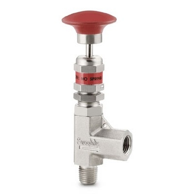 Válvula de Alívio em aço inox, em ângulo, extremidades: 1/4" rosca NPT cônica macho x 1/4