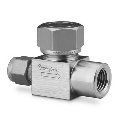 Válvula de Retenção Lift em Aço Inoxidável Série 50, Cv = 0,30, Extremidades: Conexão Swagelok (Dupla Anilha) para Tubo de 1/4? OD (DE) X Rosca NPT Femea de 1/4? (vide MS-01-98)