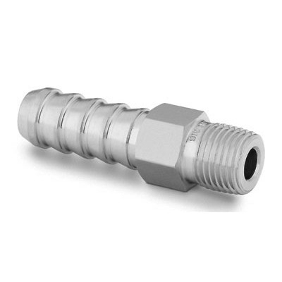 Adaptador para Mangueira em Aço Inoxidável 316 Conforme Norma ASTM A276, Extremidades: Espiga Macho para Mangueira de 3/8" ID (DI) x Rosca NPT Macho de 1/4", Limpeza e Embalagem SC-10 da Swagelok.