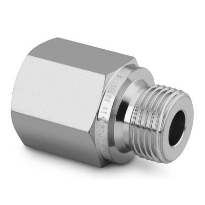 Bucha de Redução em Aço Inoxidável 316 Conforme ASTM A276, Extremidades: Rosca SAE/MS Macho de 9/16-18 x Rosca SAE/MS Femea 7/16-20, Limpeza e Embalagem SC-10 da Swagelok.