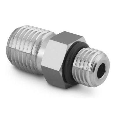 Adaptador em Aço Inoxidável 316 Conforme Norma ASTM A276. Extremidades: Rosca SAE/MS Macho Reta de 9/16-18 x Rosca NPT Macho de 3/8". Limpeza e Embalagem SC-10 da Swagelok.