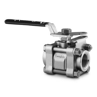 SS 3-Piece 60 Series Ball Valve, Reinforced PTFE Seats, 1/4 in. FNPT, Locking Lever Handle
