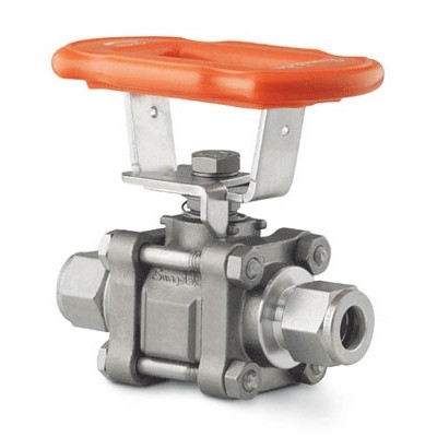SS 3-Piece 60 Series Ball Valve, Reinforced PTFE Seats, 1/4 in. Swagelok Tube Fittings, Oval Handle