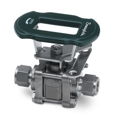SS 3-Piece 60 Series Ball Valve, Reinforced PTFE Seats, 1/4 in. Swagelok Tube Fittings, Locking Oval Handle