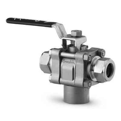 Válvula de Esfera em Aço Inoxidável Série 60, Tripartida, Assento em PTFE Reforçado, 3-vias, Extremidades: Conexão Swagelok (Dupla Anilha) para Tubo de 1/4? OD (DE) X Conexão Swagelok (Dupla Anilha) para Tubo de 1/4? OD (DE) X Rosca NPT Femea de 1/4?