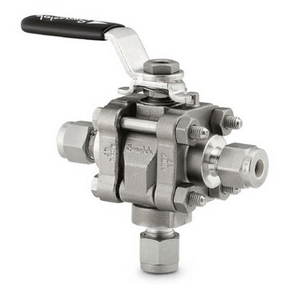 Válvula de Esfera em Aço Inoxidável Série 60, Tripartida, Assento em PTFE Reforçado, 3-vias, Extremidades: Conexão Swagelok (Dupla Anilha) para Tubo de 1/4? OD (DE) (vide MS-01-146)