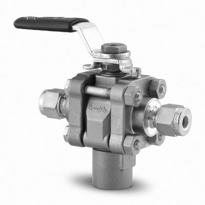 Válvula de Esfera em Aço Inoxidável Série 60, Tripartida, Assento em PTFE Reforçado, 3-vias, Extremidades: Conexão Swagelok (Dupla Anilha) para Tubo de 6 mm X Conexão Swagelok (Dupla Anilha) para Tubo de 6 mm X Rosca NPT Femea de 1/4? (vide MS-01-146