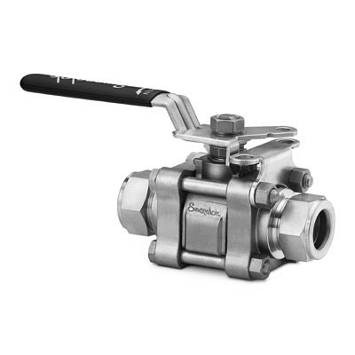 SS 3-Piece 60 Series Ball Valve, Reinforced PTFE Seats, 12 mm Swagelok Tube Fitting, Locking Lever Handle