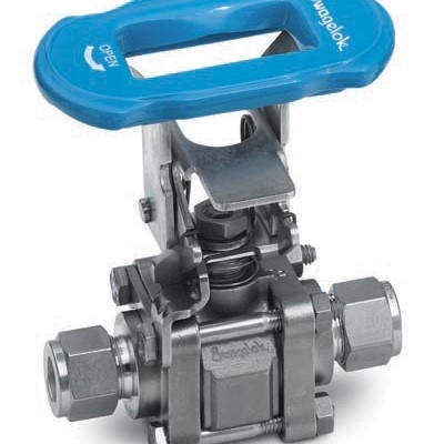 SS 3-Piece 60 Series Ball Valve, Reinforced PTFE Seats, 1/2 in. Swagelok Tube Fitting, Oval Latch-Lock Handle