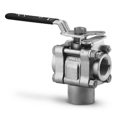 SS 3-Piece 60 Series 3-Way Ball Valve, Reinforced PTFE Seats, 1/2 in. FNPT, Locking Lever Handle