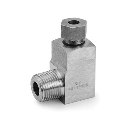 Cotovelo 90° Macho para Média Pressão em Aço Inoxidável 316 Conforme ASTM A479, Linha FK, Extremidades: Conexão Swagelok (Dupla Anilha) para Tubos de Média Pressão de 3/8" OD (DE) x Rosca NPT Macho de 1/4", Pressão Máxima de Trabalho 15.000 psig (103