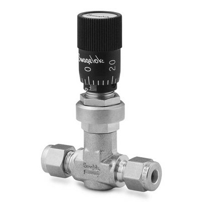 Válvula Micrométrica em Aço Inoxidável Série L para Alto Fluxo, Extremidades: Conexão Swagelok (Dupla Anilha) para Tubo de 3/8? OD (DE), Manopla Vernier (vide MS-01-142)