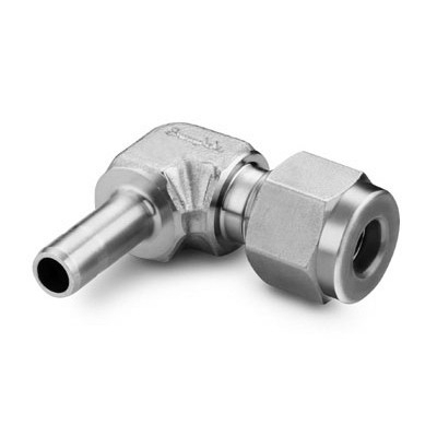 Cotovelo 90° Macho em Aço Inoxidável 316 Conforme ASTM A182, Extremidades: Conexão Swagelok (Dupla Anilha) para Tubos de 6 mm OD (DE) x Ponta Lisa Swagelok (Tube Adapter) de 6 mm OD (DE), Limpeza e Embalagem SC-10 da Swagelok.