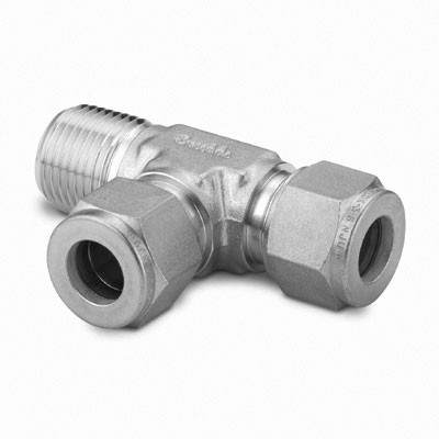 Te Macho Lateral em Aço Inoxidável 316 Conforme ASTM A182, Extremidades: Conexão Swagelok Lateral (Dupla Anilha) para Tubos de 6 mm OD (DE) x Rosca NPT Macho Lateral de 1/4" x Conexão Swagelok Central (Dupla Anilha) para Tubos de 6 mm OD (DE), Limpez