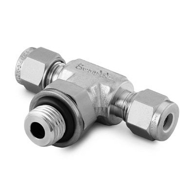 Te Macho Central Posicionável em Aço Inoxidável 316 Conforme ASTM A182, Extremidades: Conexão Swagelok Laterais (Dupla Anilha) para Tubos de 6 mm OD (DE) x Rosca ISO/BSP Macho Paralela Central de 1/4", Limpeza e Embalagem SC-10 da Swagelok.