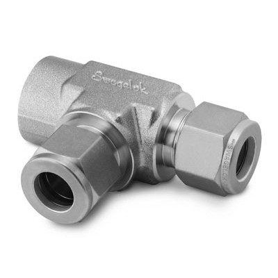 Te Femea Lateral em Aço Inoxidável 316 Conforme ASTM A182, Extremidades: Conexão Swagelok Lateral (Dupla Anilha) para Tubos de 6 mm OD (DE) x Rosca NPT Femea Lateral de 1/8" x Conexão Swagelok Central (Dupla Anilha) para Tubos de 6 mm OD (DE), Limpez
