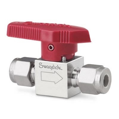 Válvula para Instrumentação em Aço Inoxidavel, Série P6T, operação com 1/4 de volta, Cv= 6.4, Extremidades: Conexão Swagelok (Dupla Anilha) para Tubo 3/8" OD (DE). Manopla na cor Vermelha.