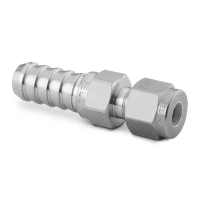 Adaptador para Mangueira em Aço Inoxidável 316 Conforme Norma ASTM A276, Extremidades: Espiga Macho para Mangueira de 1/2" ID (DI) x Conexão Swagelok (Dupla Anilha) para Tubos de 1/2" OD (DE), Limpeza e Embalagem SC-10 da Swagelok.