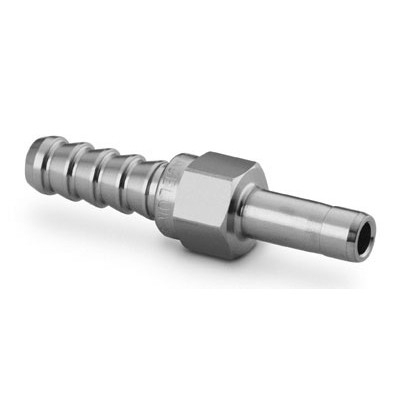 Adaptador para Mangueira em Aço Inoxidável 316 Conforme Norma ASTM A276, Extremidades: Espiga Macho para Mangueira de 1/2" ID (DI) x Ponta Lisa Swagelok (Tube Adapter) de 1/2" OD (DE), Limpeza e Embalagem SC-10 da Swagelok.