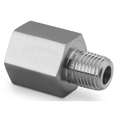 Adaptador de Redução em Aço Inoxidável 316 Conforme ASTM A276, Extremidades: Rosca BSP Femea Cônica (RT) de 1/2" x Rosca BSP Macho Cônica (RT) de 1/4", Limpeza e Embalagem SC-10 da Swagelok.