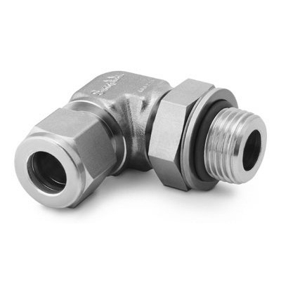 Cotovelo 90° Macho Posicionável em Aço Inoxidável 316 Conforme ASTM A182, Extremidades: Conexão Swagelok (Dupla Anilha) para Tubos de 1/2" OD (DE) x Rosca BSP Macho Paralela (PR) de 3/8", Limpeza e Embalagem SC-10 da Swagelok.