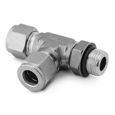Te Macho Lateral Posicionável em Aço Inoxidável 316 Conforme ASTM A182, Extremidades: Conexão Swagelok Lateral (Dupla Anilha) para Tubos de 1/2” OD (DE) x Rosca SAE/MS Macho Lateral de 3/4-16 x Conexão Swagelok Central (Dupla Anilha) para Tubos de 1/