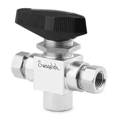 Válvula de Esfera Trunnion em Aço Inoxidável Série 83 para Alta Pressão, 3-vias, Assentos em PCTFE, Extremidades: Rosca NPT Femea de 1/8? X Rosca NPT Femea de 1/8? X Rosca NPT Femea de 1/4? (vide MS-01-166)