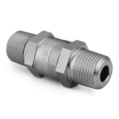 Série CH - Válvula de retenção de alta pressão tipo Poppet em aço inox, extremidades iguais: 1/2" rosca NPT cõnica macho, pressão de disparo da mola: 25 psig.