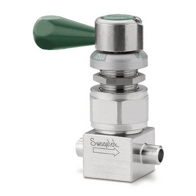 Válvula Diafragma em Aço Inoxidável 316L VAR Séries DL e DS para Alta Pressão e Alta Pureza, Manopla Tipo Alavanca, Conexões, Extremidades: Conexão para Solda Tipo Encaixe para Tubing (TSW) de 3/8? OD (DE)  e Conexão para Solda de Topo para Tubing (T