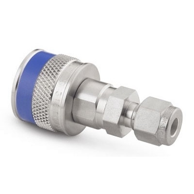 Corpo em Aço Inoxidável do Engate Rápido para Instrumentação Série QC, Extremidade: Conexão Swagelok (Dupla Anilha) para Tubo de 1/4? OD (DE), Luva com Código de Identificação na Cor Azul, Cv = 0,2 (vide MS-01-138)