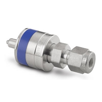 Espiga em Aço Inoxidável com Retenção do Engate Rápido para Instrumentação Série QC, Extremidade: Conexão Swagelok (Dupla Anilha) para Tubo de 1/4? OD (DE), Luva com Código de Identificação na Cor Azul, Cv = 0,2 (vide MS-01-138)