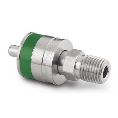 Espiga de Engate Rápido Série QC4 em Aço Inoxidável 316. Pressão de Trabalho de 3000 psig (206 bar), Temperatura de Trabalho de -12 a 204°C com Vedações em Fluorcarbono FKM. Coeficiente de Vazão de 0,3. Extremidades: Rosca NPT Macho de 1/4" x Espiga