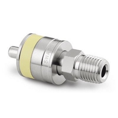 Espiga de Engate Rápido Série QC4 em Aço Inoxidável 316. Pressão de Trabalho de 3000 psig (206 bar). Coeficiente de Vazão de 0,3. Extremidade: Rosca NPT Macho de 1/4" x Espiga Sem Retenção QC4. Luva com Identificação na Cor Amarela.
