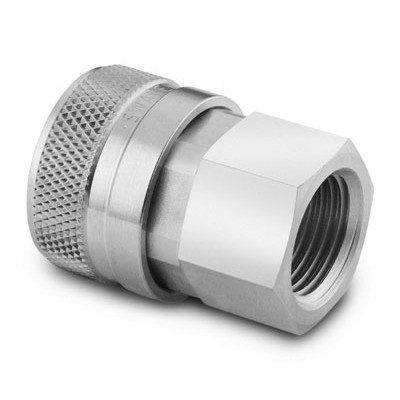 Corpo de Engate Rápido de Passagem Plena Série QF4 em Aço Inoxidável 316. Extremidade: Rosca NPT Fêmea de 1/4”. Temperaturas de trabalho de -12 a 204 °C para O-rings em Fluorcarbono FKM. Pressão de Trabalho de 6000 psig (413 bar). Limpeza e Embalagem