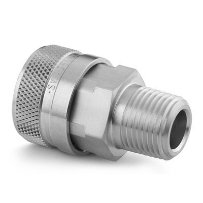 Corpo de Engate Rápido de Passagem Plena Série QF4 em Aço Inoxidável 316. Extremidade: Rosca NPT Macho de 1/4”. Temperaturas de trabalho de -12 a 204 °C para O-rings em Fluorcarbono FKM. Pressão de Trabalho de 6000 psig (413 bar). Limpeza e Embalagem