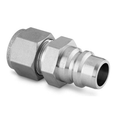 Espiga de Engate Rápido sem Retenção de Passagem Plena Série QF4 em Aço Inoxidável 316. Extremidade: Conexão Swagelok (Dupla Anilha) para Tubos de 1/4" OD (DE). Coeficiente de Vazão de 2,2. Temperaturas de trabalho de -12 a 204 °C para O-rings em Flu