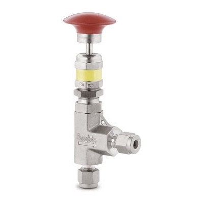 Válvula de Alívio Proporcional em Aço Inoxidável Série R para Baixa Pressão, Extremidades: Conexão Swagelok (Dupla Anilha) para Tubo de 1/4? OD (DE) (vide MS-01-141), Recurso para operação manual