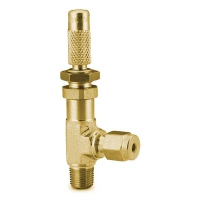 Válvula micrométrica angular para baixo fluxo, série S, em aço inoxidável 316 conforme norma ASTM A182, pressão de trabalho de 2000 psig (137 bar), temperatura de trabalho de -23 a 204 °C para vedações em fluorcarbono FKM, coeficiente de vazão de 0,0