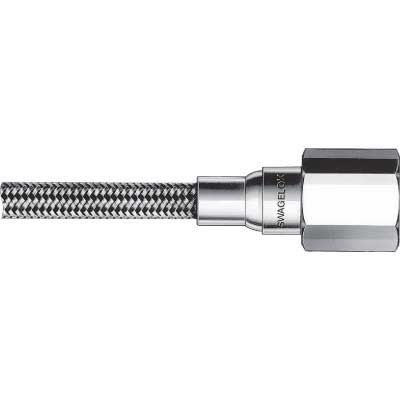 Mangueira com Núcleo em PTFE Liso Série TH. Com malha externa trançada em Aço inoxidável 304. Diâmetro nominal de 1/4". Pressão de trabalho de 3000 psig (206 bar). Pressão de ruptura de 12000 psig (826 bar) a 20ºC. Extremidades em Aço Inoxidável 316: